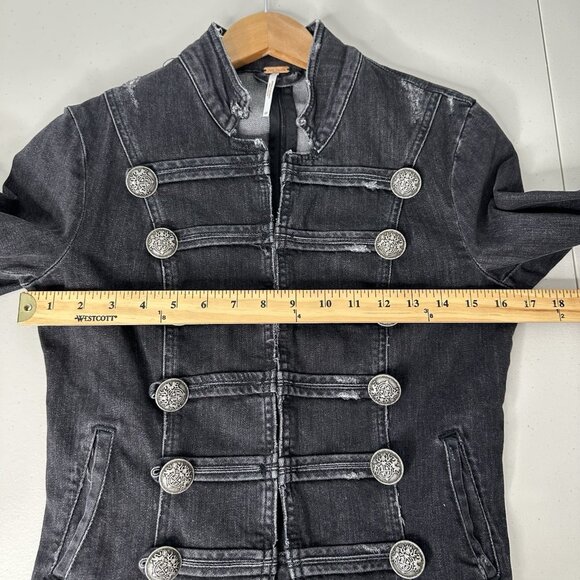 FREE PEOPLE Black Denim Jacket XS Military Distressed Fitted Boho - Picture 8 of 15